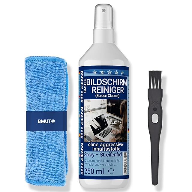 BMUT screen cleaning set with spray, microfibre cloth and brush