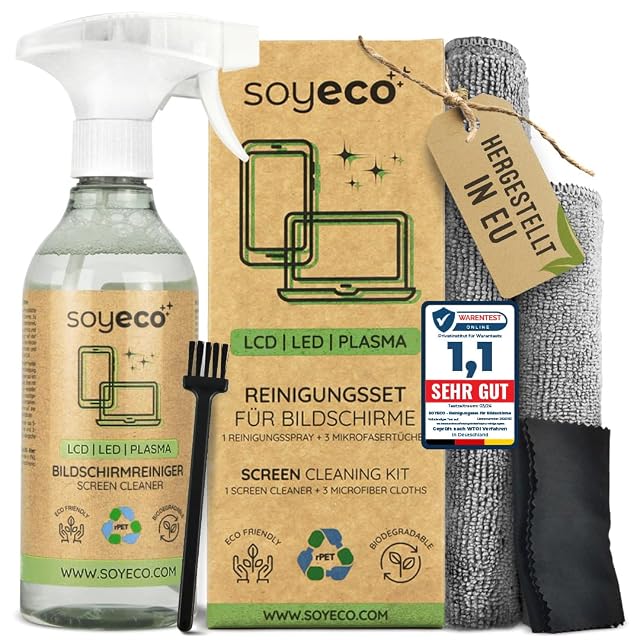 SOYECO ECO screen cleaning set with 500 ml bottle, two cloths and brush
