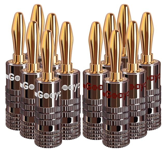 Goaycer 24k gold-plated banana plugs, six pairs in red and black