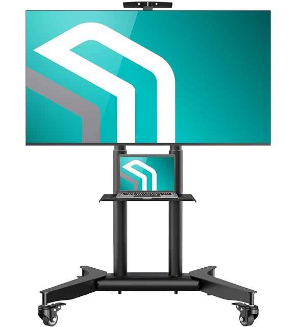 ONKRON mobile TV stand on rubberised castors with equipment shelf