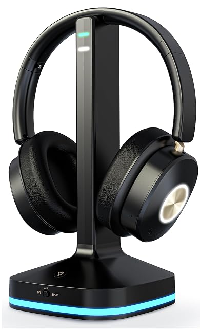 Earbay wireless TV headphones with optical RCA AUX transmitter and charging dock